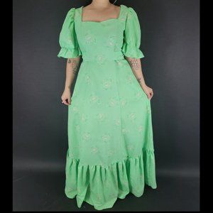 70s Lime Green Floral Puff Sleeve Prairie Maxi Dress